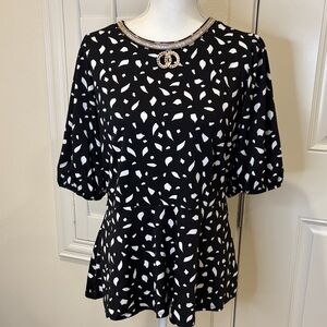 Perception Concept Black & White Peplum Top Crystal Embellished Neck Large